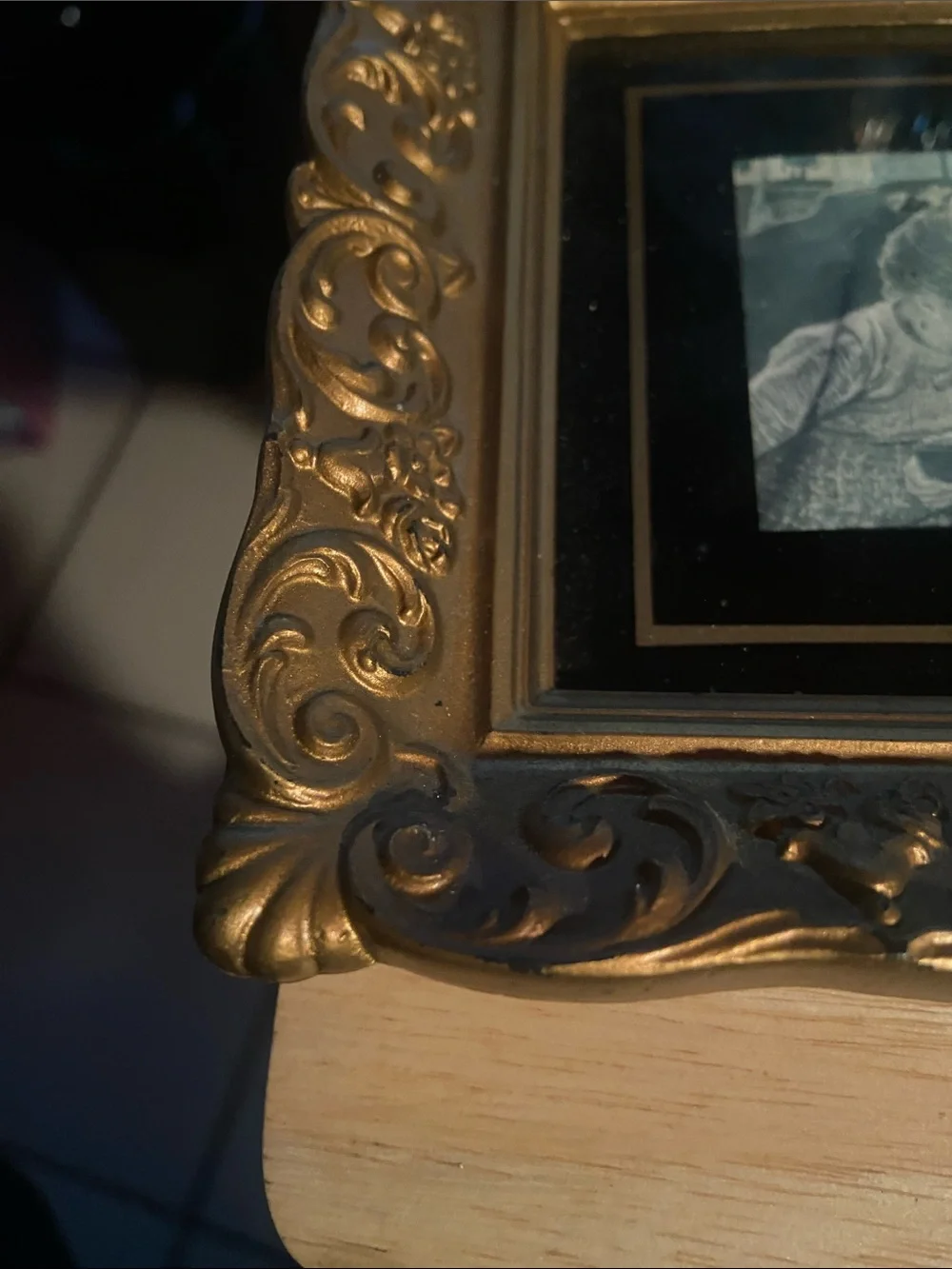 Ornate Gold Decorative Picture Frame with Black Mat 6.5 x 5.5”